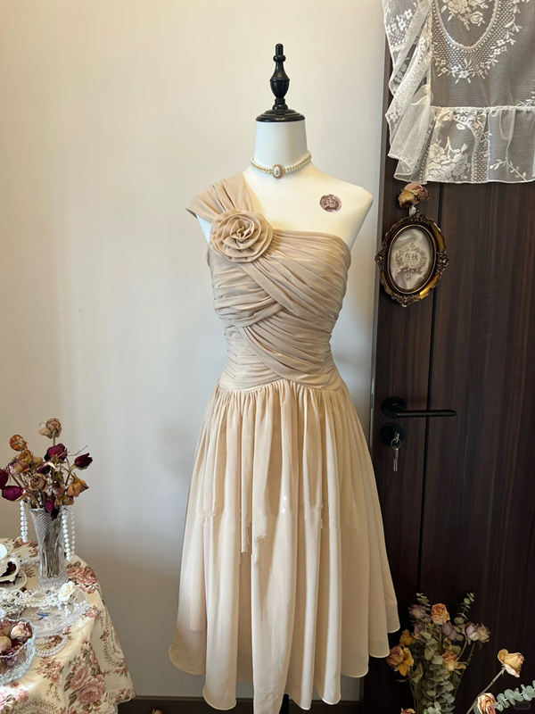 Khaki off-shoulder asymmetrical neckline with pleated waist long skirt for homecoming R4314