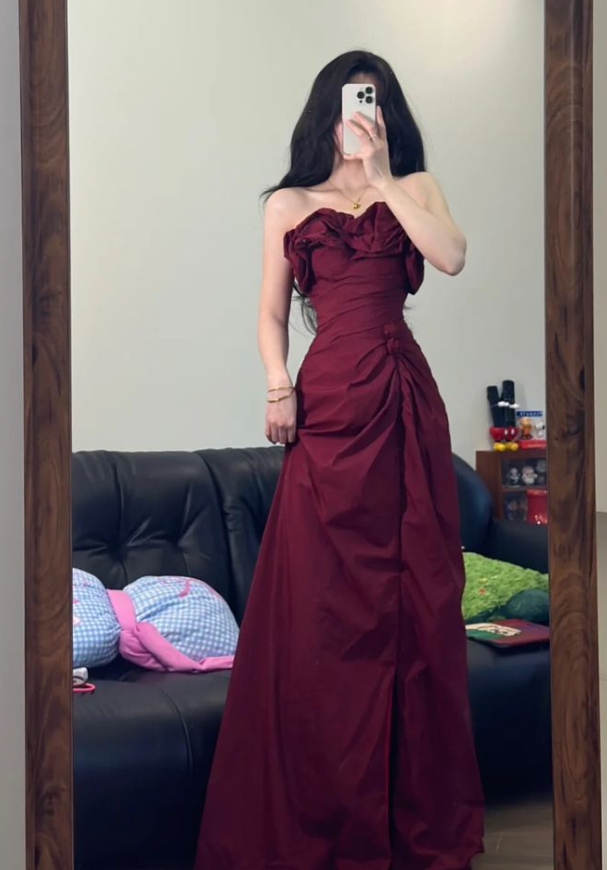 Stunnning Satin Pleated Prom Gown Burgundy Women's Maxi Evening Dress Birthday Dress RS2777