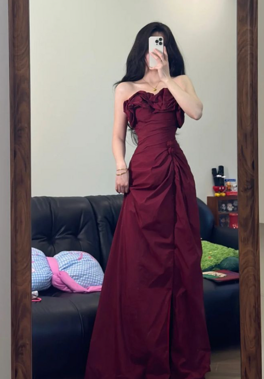 Stunnning Satin Pleated Prom Gown Burgundy Women's Maxi Evening Dress Birthday Dress RS2777