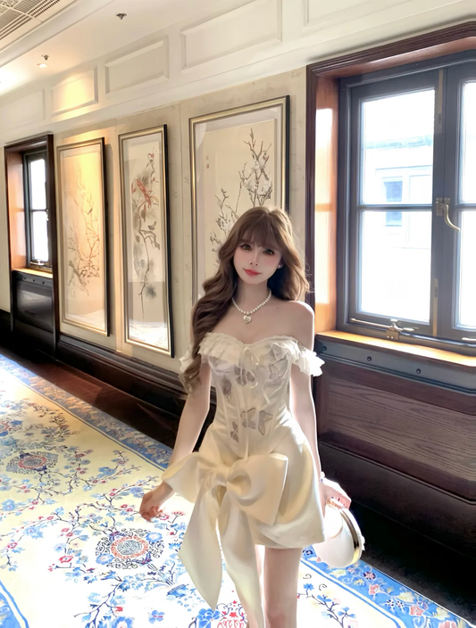 Apricot one-shoulder lace design with slim waist and hip-hugging sexy bow short skirt for homecoming dress R4233