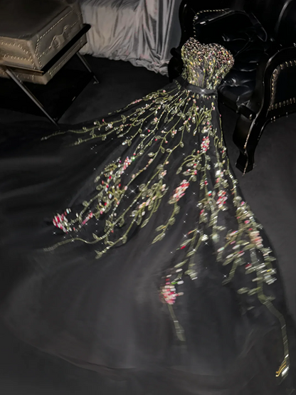 Black strapless fitted waist light green rhinestone long ball gown/bridal dress R8743