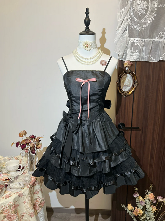 Black suspenders waist slim cake puffy princess dress homecoming dress R4355