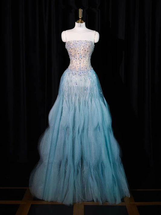 Light gray-blue strapless, fitted waist, full skirt, long ball gown R8923