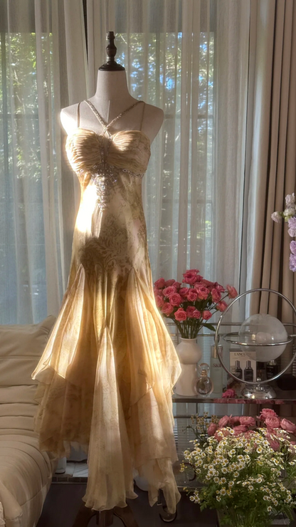 Light brown halter-neck fitted long ball gown with an asymmetrical hem R7763