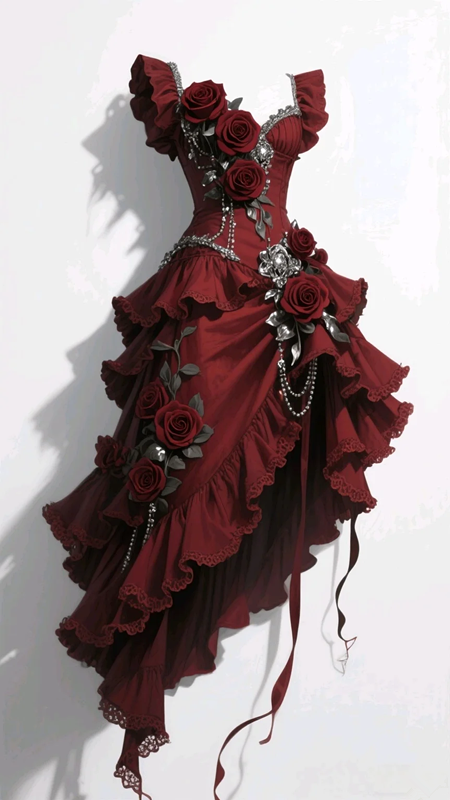 Red square neckline, three-dimensional floral design, fitted waist, and alluring mid-length ball gown R7209