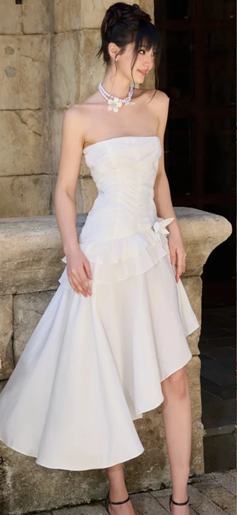 White tube top slim waist slimming asymmetrical flowing skirt short skirt homecoming dress R4477