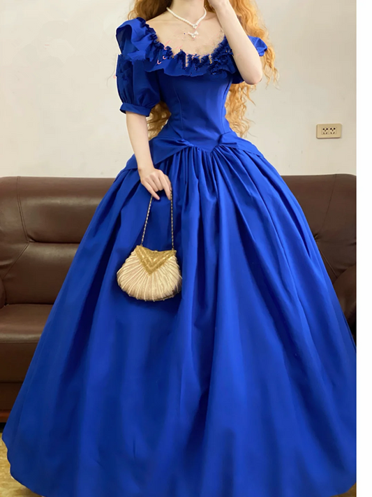 Blue Elegant Waist-Cinched Puffball Skirt Floor-Length Ball Gown, Bridal Gown R7348