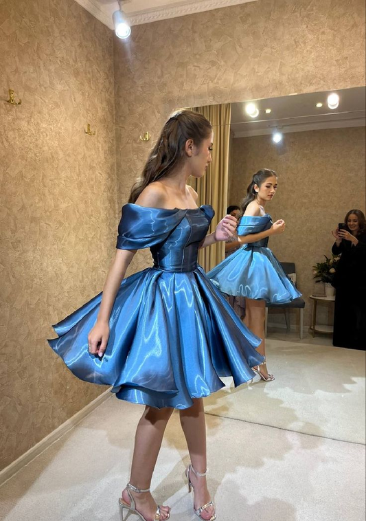 Blue satin one-shoulder slim waist puffy skirt short skirt homecoming dress R5586