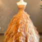 Orange strapless 3D floral dress, fitted waist, full skirt, long ball gown/bridal gown R7229