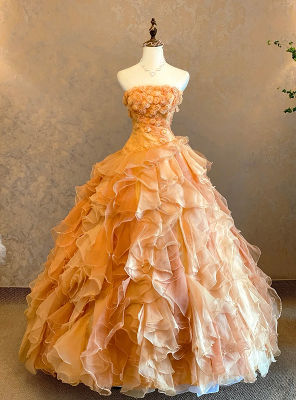 Orange strapless 3D floral dress, fitted waist, full skirt, long ball gown/bridal gown R7229