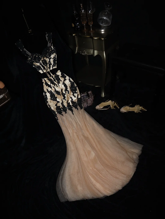 Apricot-colored black lace halter-neck bodycon long ball gown, alluring and sexy R6936