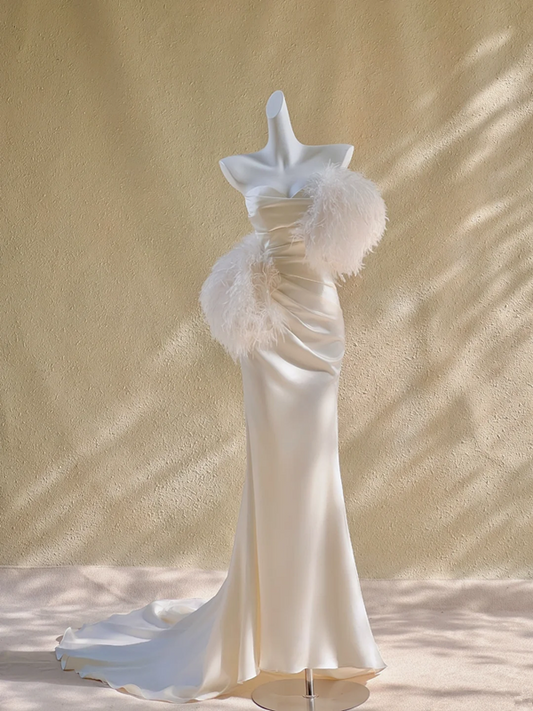 Champagne-colored strapless satin waist slim mermaid maxi bridal gown R5821