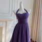 Purple halterneck slim waist A-line short skirt homecoming dress R5046