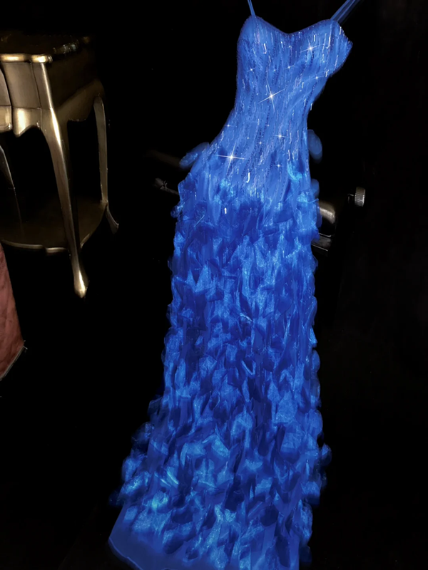 Blue halter-neck, fitted waist, elegant floral skirt, long ball gown R7056