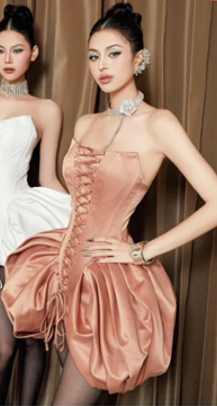 Pink satin tube top waist slim design asymmetrical bud skirt short skirt homecoming dress R4637