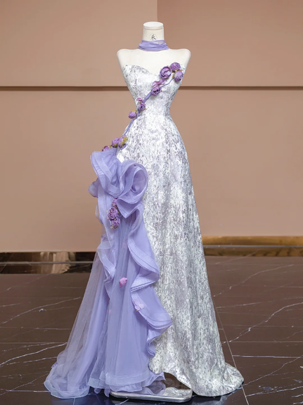 Light purple strapless 3D floral dress with a fitted waist and A-line skirt, a stylish ball gown/bridal gown R8287