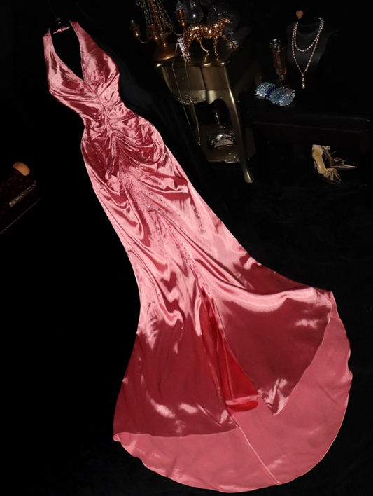 Pink halter neck fitted waist long satin ball gown R6416