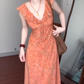 Floral suspender skirt niche design flying sleeves v-neck waist beautiful dress R0775