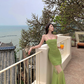 Green suspender dress, elegant waist, slim fit, hip skirt R0535