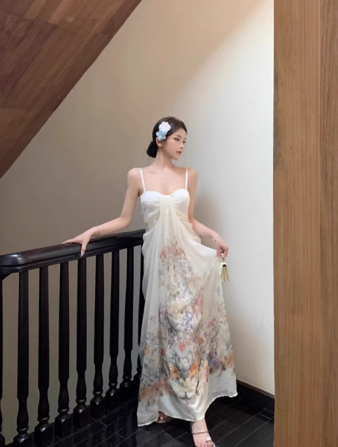 Sexy tube top suspender dress temperament floral long skirt R0542