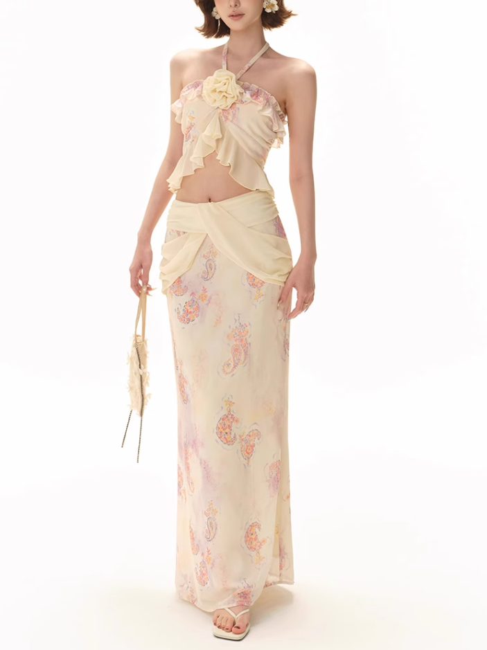 Pure desire ruffled flower halter neck top 2025 hip holiday maxi dress suit R1339