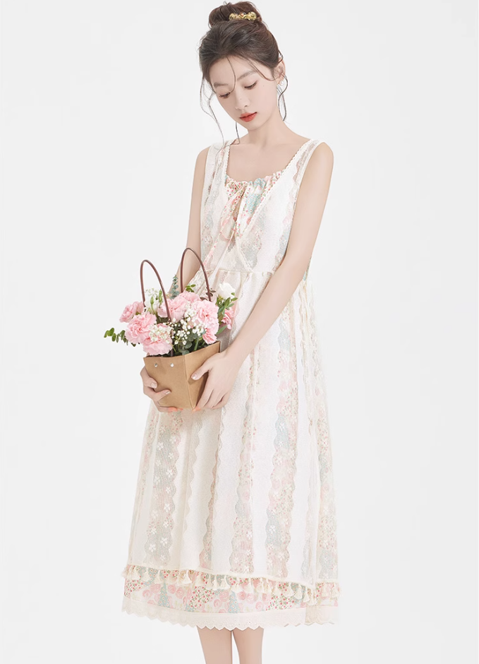Forest style pastoral style floral dress new style suspender skirt blouse suit two-piece set R2394