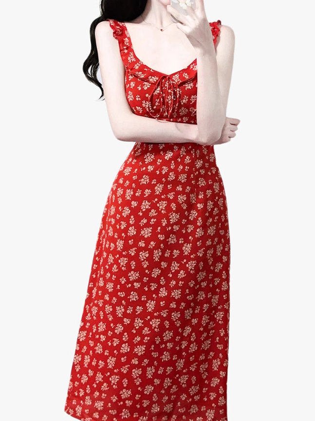 2025 Summer New Red Floral French Style Small Flying Sleeve Seaside Holiday Dress R0929