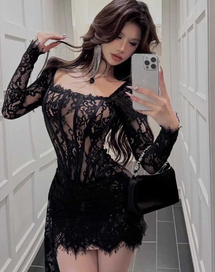 Large size French pure lace dress Christmas sexy hot girl fishbone hip skirt R1859