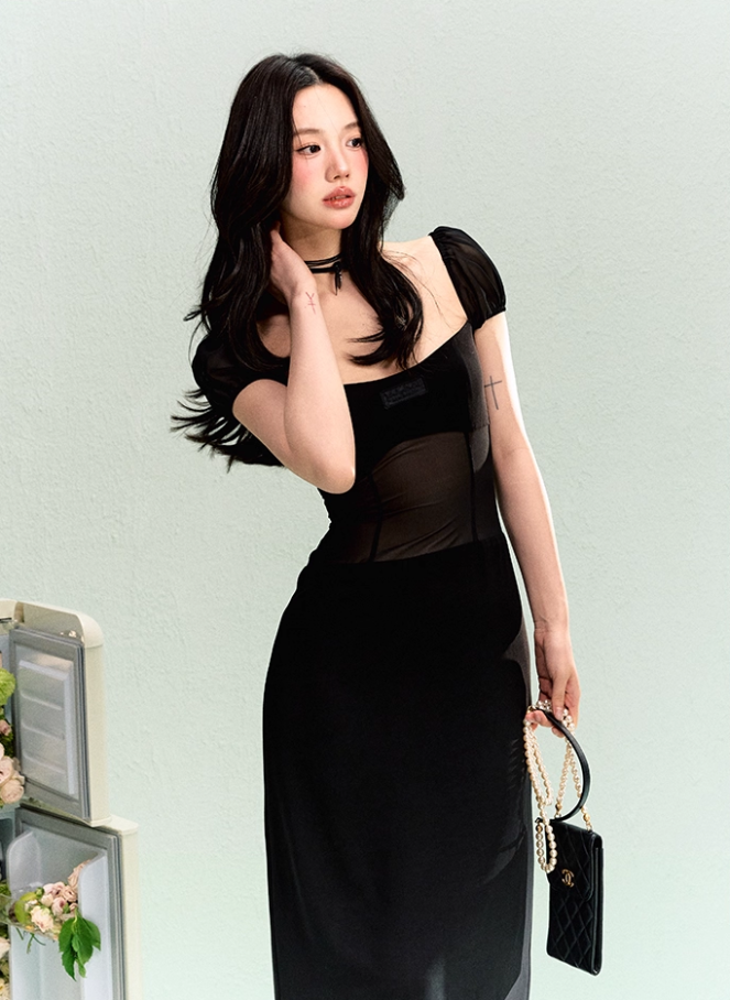 French elegant waist square neck splicing dress summer simple midi dress R3330