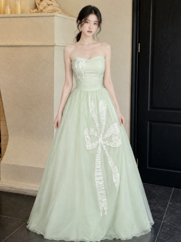 Tulle Puffy Gentle Corset Prom Gown , Green Women's Maxi Evening Dress Ball Gown RS2659