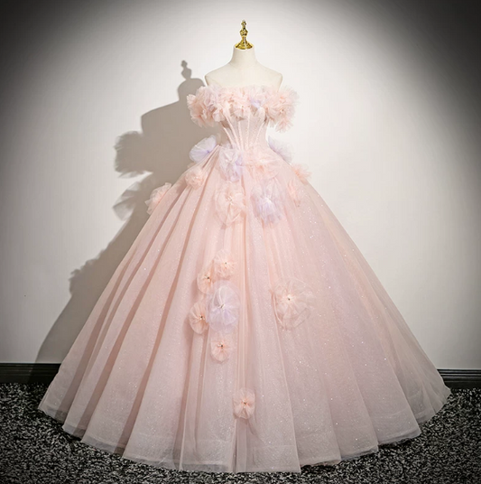 Applique Tulle Hazy Corset Prom Gown , Blush Pink Women's Maxi Evening Dress Quinceanera Dress RS2388