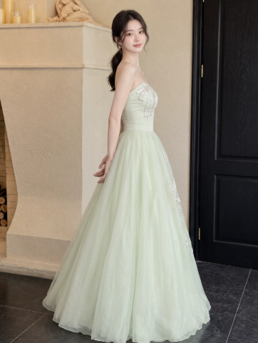 Tulle Puffy Gentle Corset Prom Gown , Green Women's Maxi Evening Dress Ball Gown RS2659