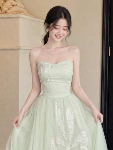 Tulle Puffy Gentle Corset Prom Gown , Green Women's Maxi Evening Dress Ball Gown RS2659