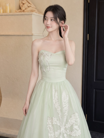 Tulle Puffy Gentle Corset Prom Gown , Green Women's Maxi Evening Dress Ball Gown RS2659