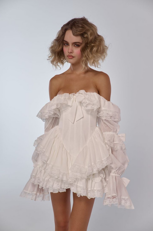 Dreamy White Homecoming Dress , Pleated Lace Trim Corset Mini Summer Dress RS1468