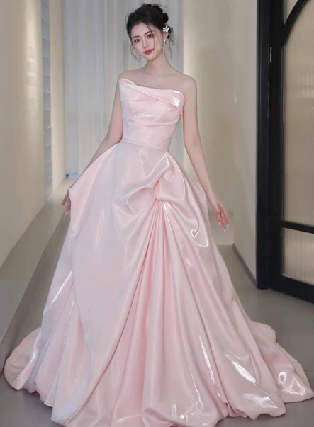 Sparkly Pink Prom Gown , Silky Satin Elegant Corset Maxi Evening Dress RS1485