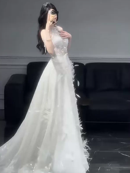 Sparkly White Prom Gown , Feather Decor Elegant Corset Maxi Evening Dress RS1486