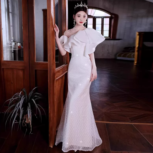 Sparkly White Prom Gown , Silky Sequins Elegant Corset Maxi Evening Dress RS1487