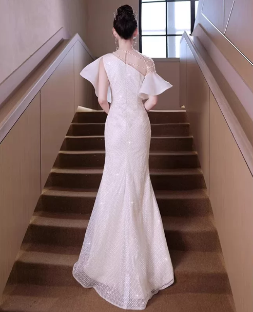 Sparkly White Prom Gown , Silky Sequins Elegant Corset Maxi Evening Dress RS1487