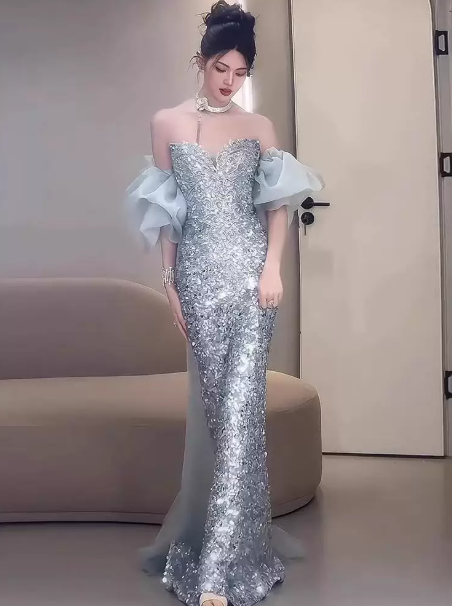 Gorgeous Sliver Prom Gown , Sequins Glitter Bodycon Maxi Evening Dress RS1488