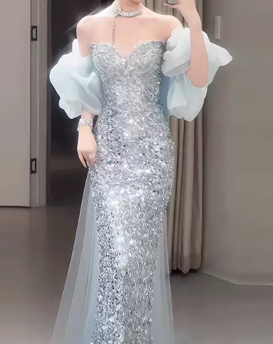 Gorgeous Sliver Prom Gown , Sequins Glitter Bodycon Maxi Evening Dress RS1488