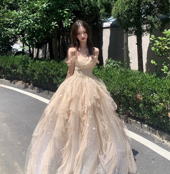 Elegant Champagne Prom Gown , Tulle Puffy Corset Maxi Birthday Dress RS1491