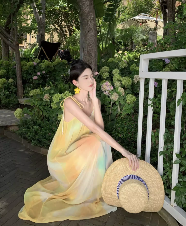 Beach vacation yellow gradient lazy style loose sling gentle style temperament dress R1630