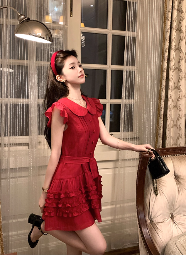 Red doll collar Tencel small flying sleeve dress summer French temperament slim skirt R4783