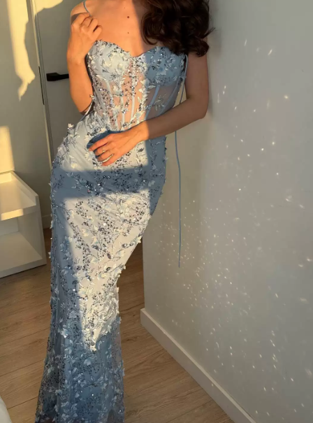 Sexy Pale Blue Sheath Spaghetti Straps Long Women Dress with Applique Evening Dress Prom Dress RS127