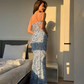 Sexy Pale Blue Sheath Spaghetti Straps Long Women Dress with Applique Evening Dress Prom Dress RS127