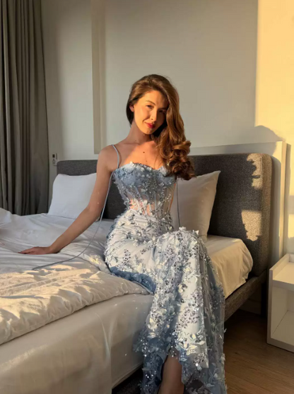 Sexy Pale Blue Sheath Spaghetti Straps Long Women Dress with Applique Evening Dress Prom Dress RS127