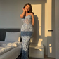 Sexy Pale Blue Sheath Spaghetti Straps Long Women Dress with Applique Evening Dress Prom Dress RS127