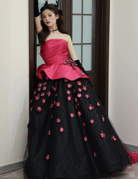 Elegant Contrast Prom Gown , 3D Floral Puffy Corset Maxi Evening Dress Quinceanera Dress RS1493