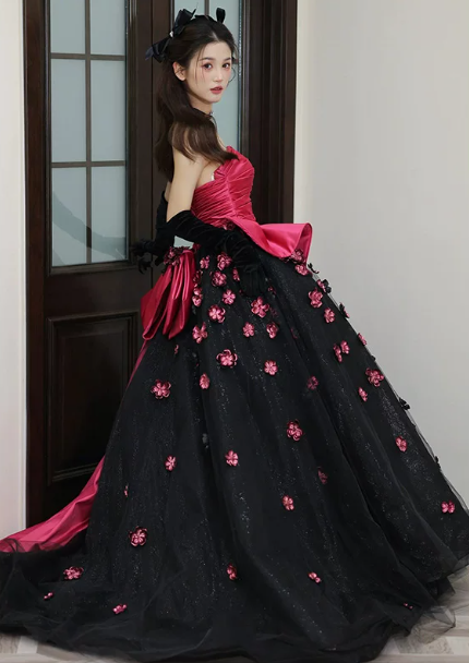 Elegant Contrast Prom Gown , 3D Floral Puffy Corset Maxi Evening Dress Quinceanera Dress RS1493